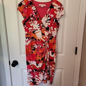 Boston Proper Sheath Dress Size 12 Multi Print Faux Wrap Ruched Side Cap Sleeve